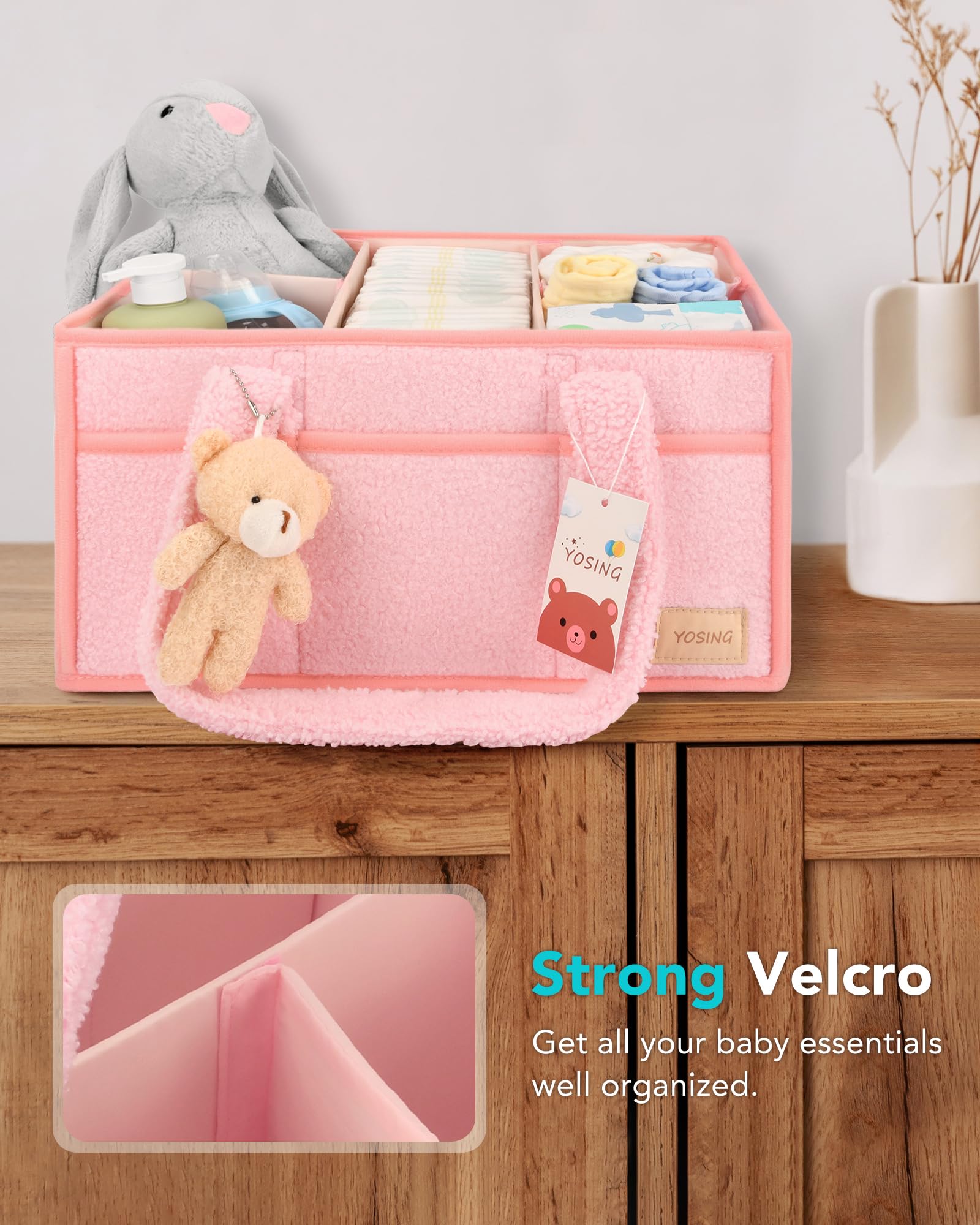 YOSING Diaper Caddy soft plush fabric in pink.
