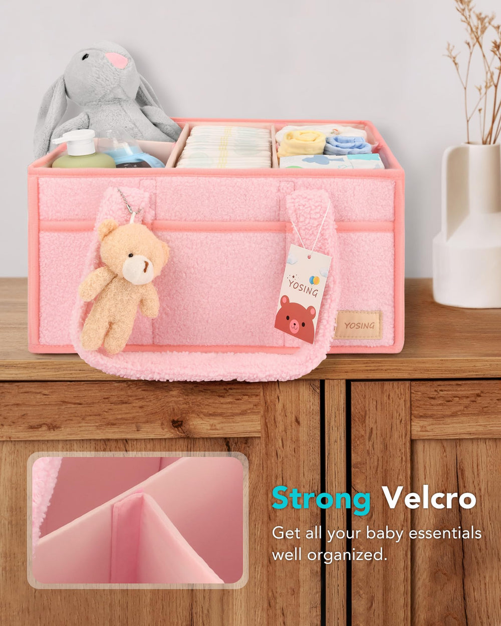 YOSING Diaper Caddy soft plush fabric in pink.