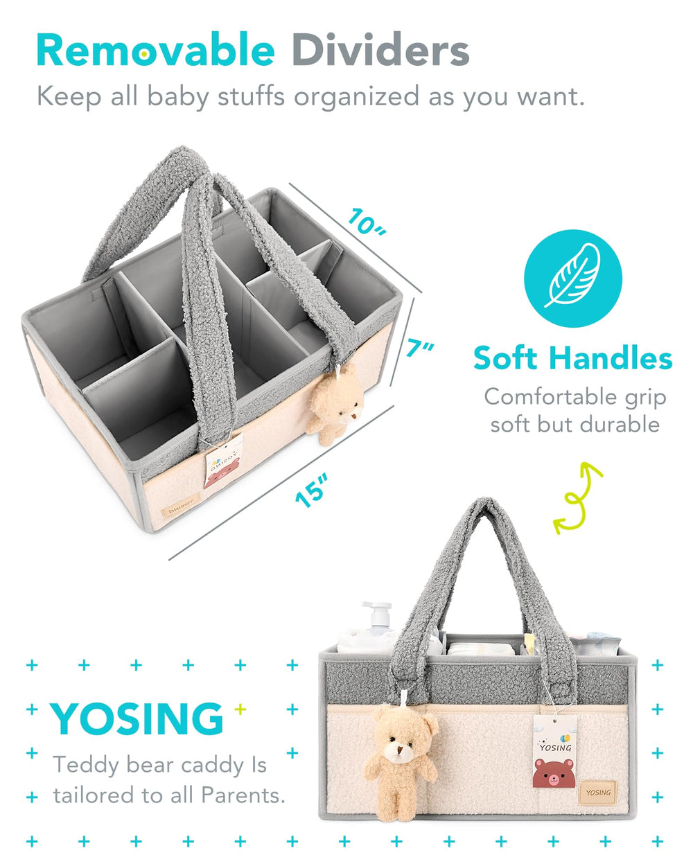 YOSING diaper caddy includes a distraction teddy bear toy