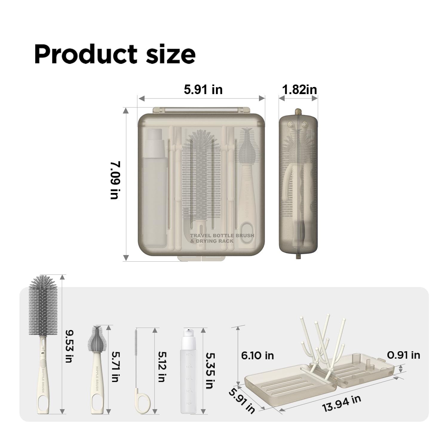 YOTIME compact travel set keeps baby bottle cleaning organized.