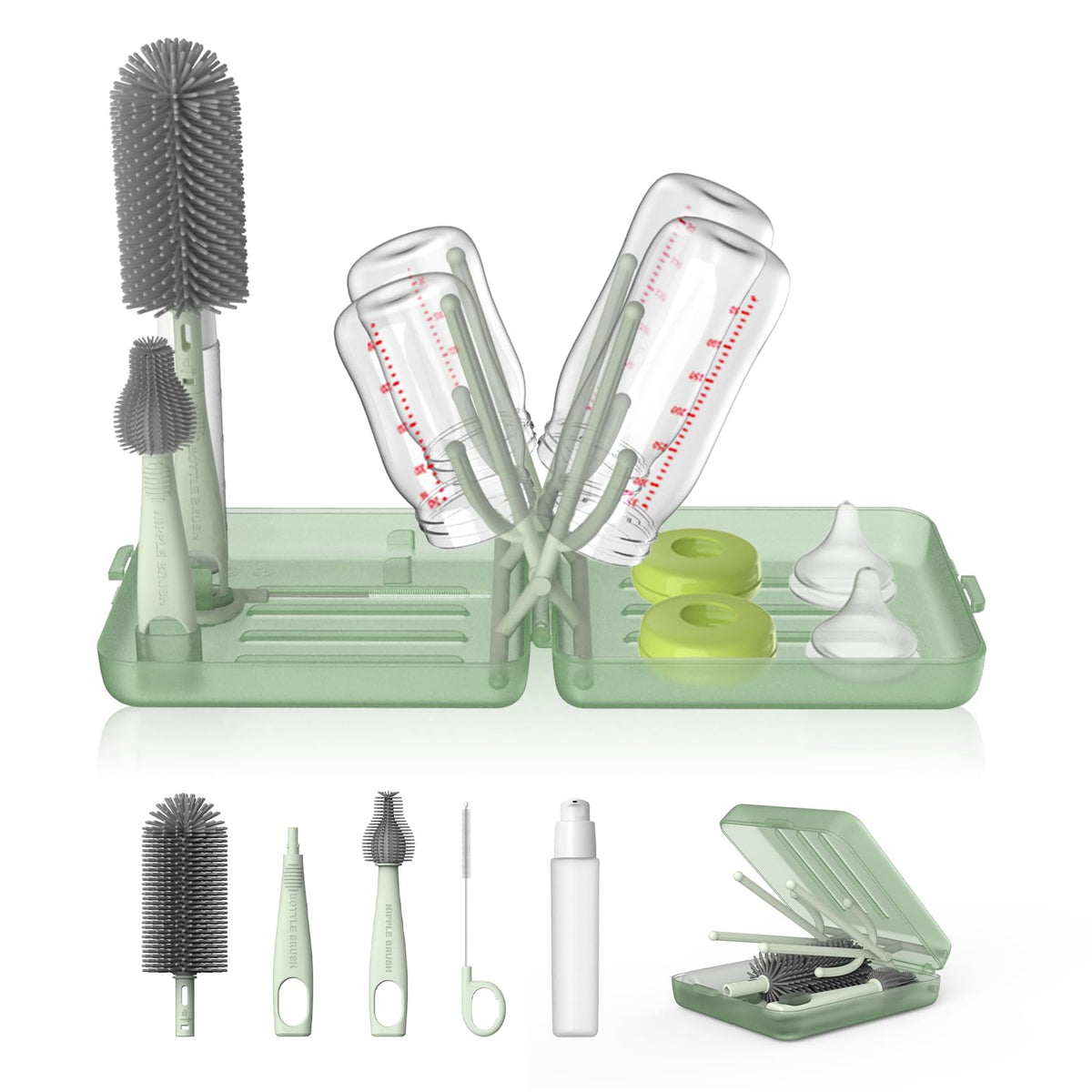 YOTIME travel bottle brush set ready for on-the-go cleaning and organization.