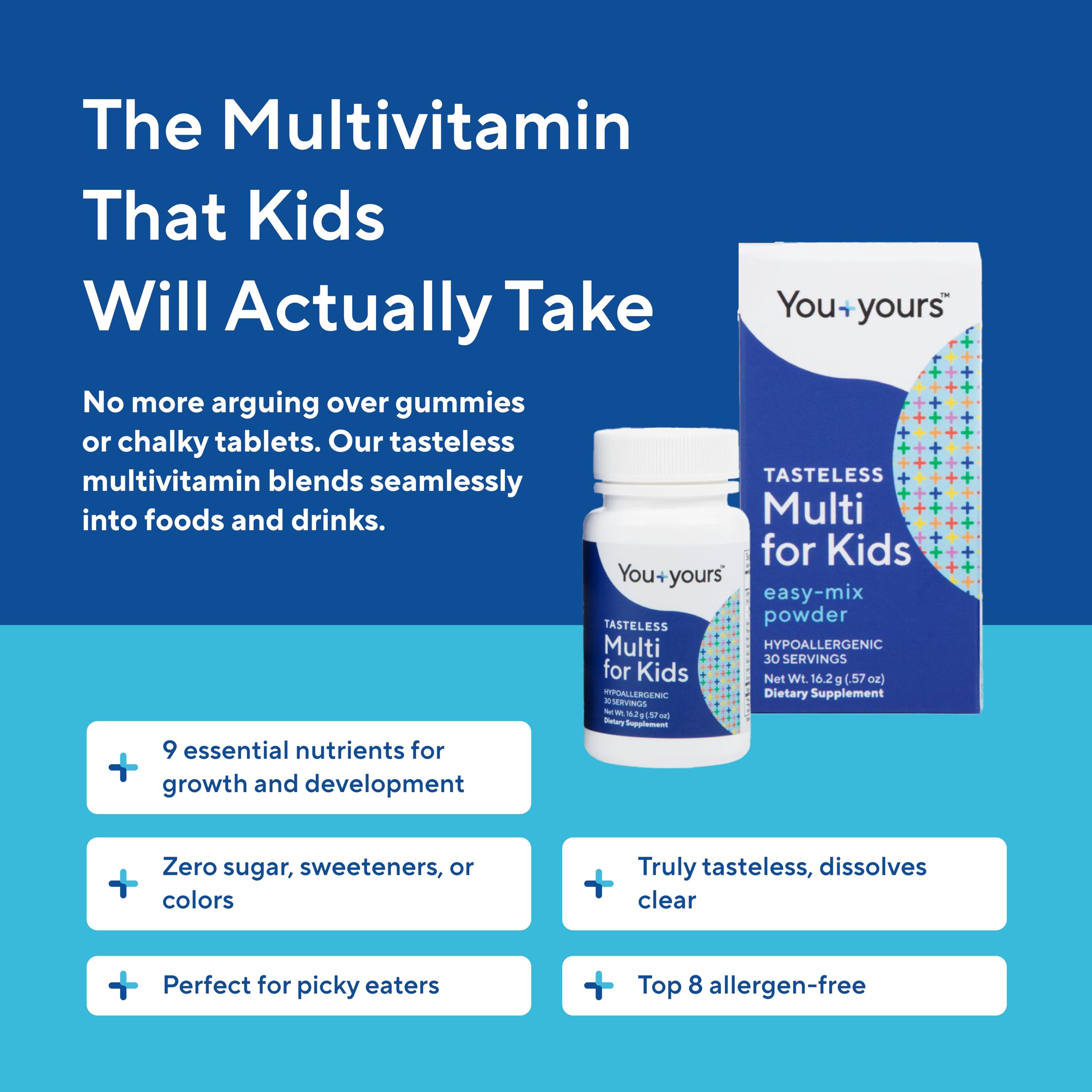 You+yours Tasteless Multivitamin Powder pours easily into a cup for quick mixing.