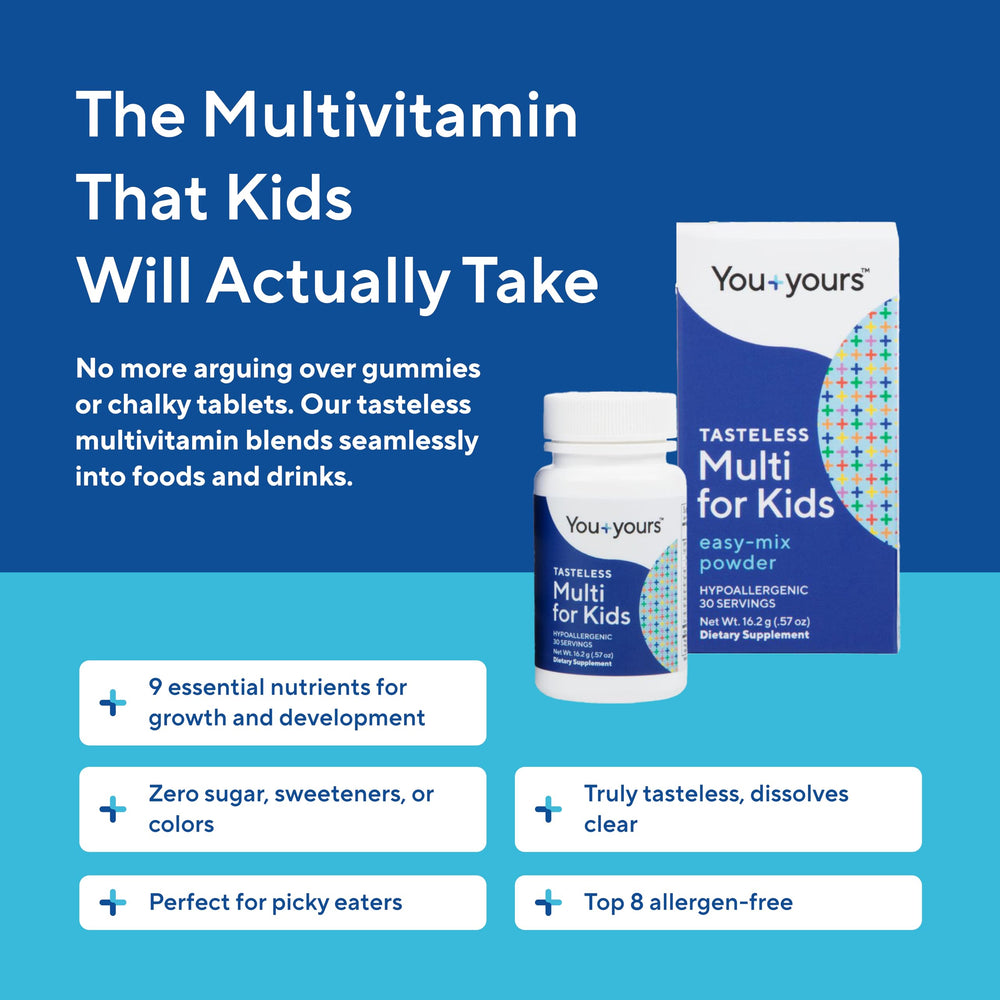 You+yours Tasteless Multivitamin Powder pours easily into a cup for quick mixing.