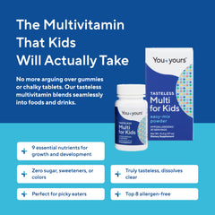 You+yours Tasteless Multivitamin Powder pours easily into a cup for quick mixing.
