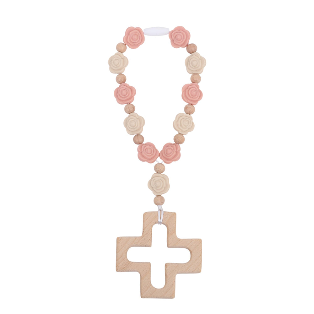 YOUAME pale pink cross baptism silicone rosary with wooden cross, ideal keepsake for christening celebrations.