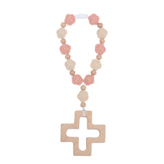 YOUAME pale pink cross baptism silicone rosary with wooden cross, ideal keepsake for christening celebrations.