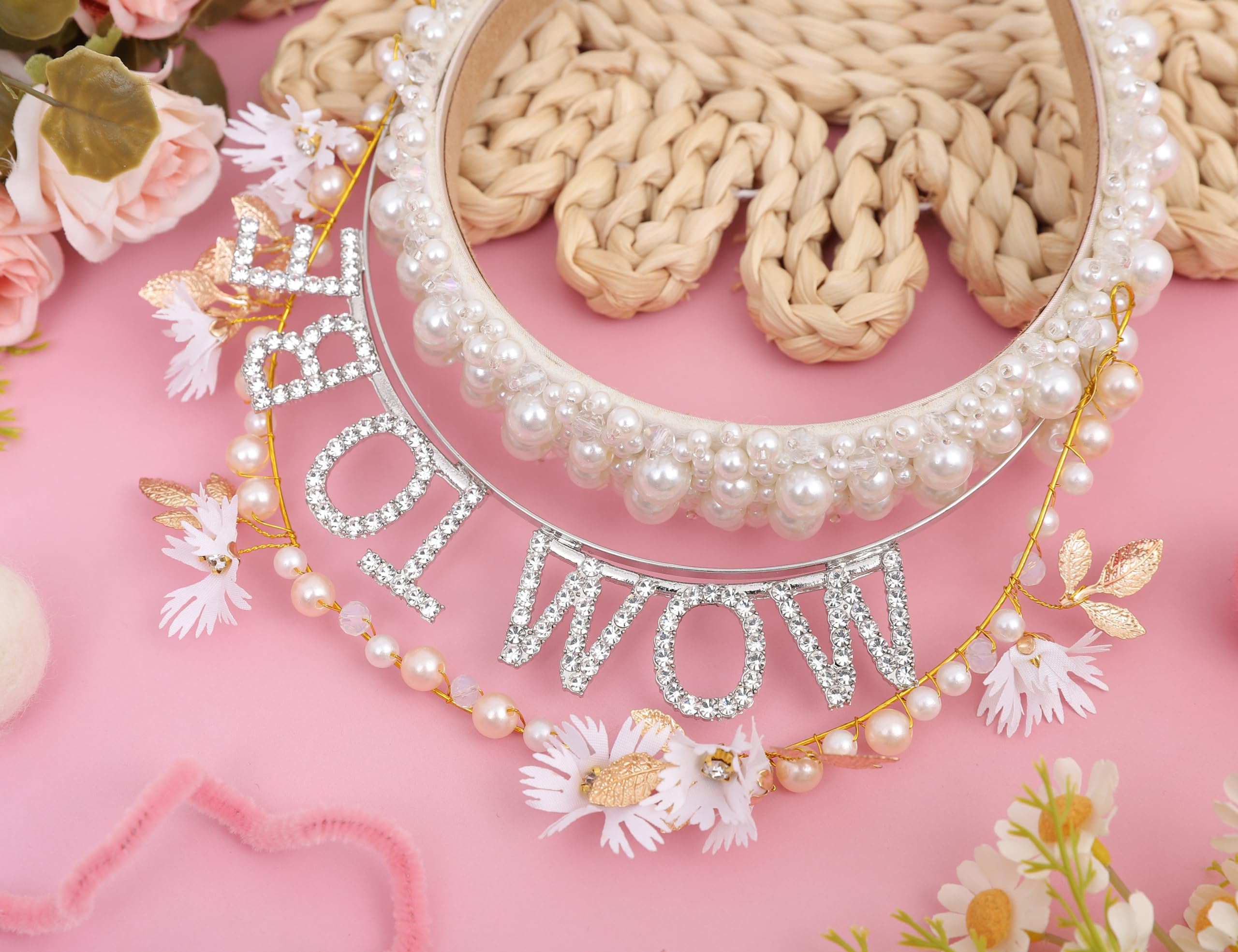 YOUAME party-ready mum-to-be tiara with delicate pearls and flowers