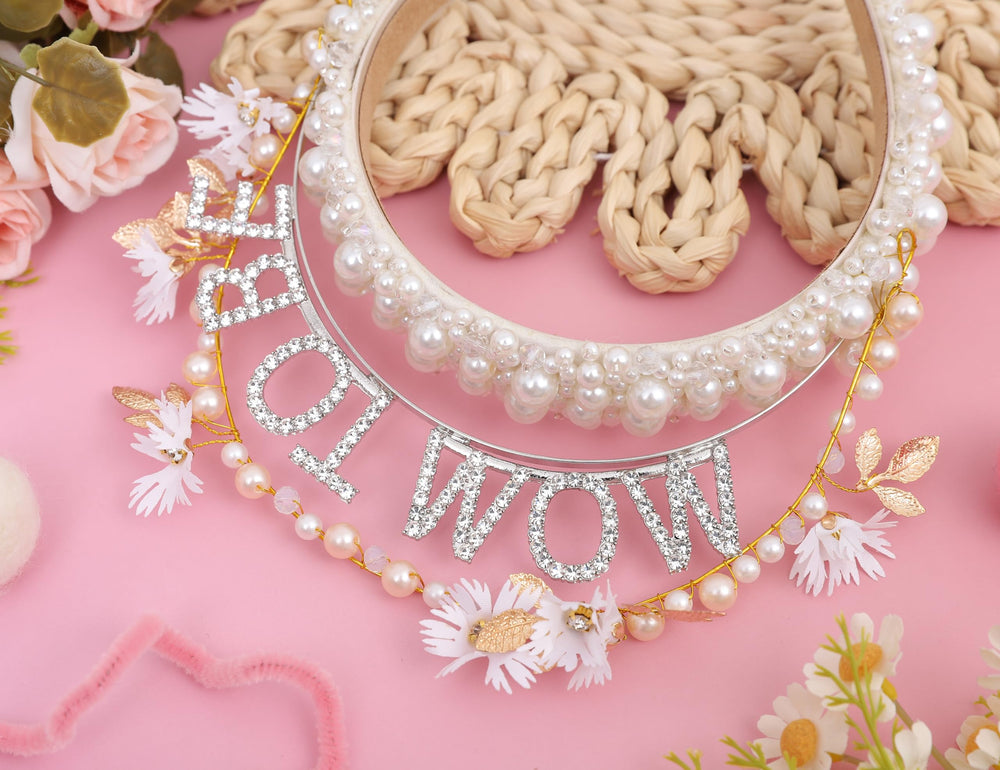 YOUAME party-ready mum-to-be tiara with delicate pearls and flowers