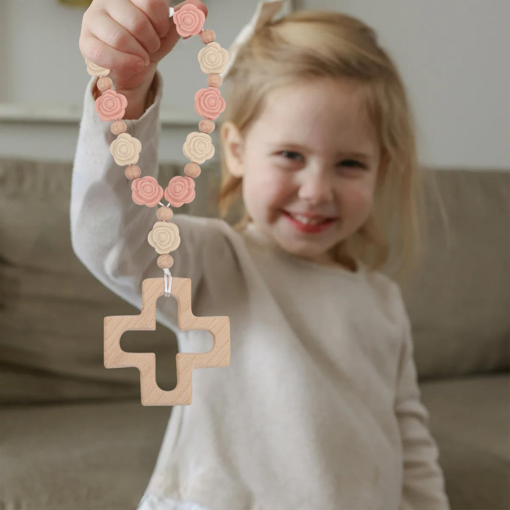 YOUAME rosary gift set in transparent box, ready to present at baby celebrations.