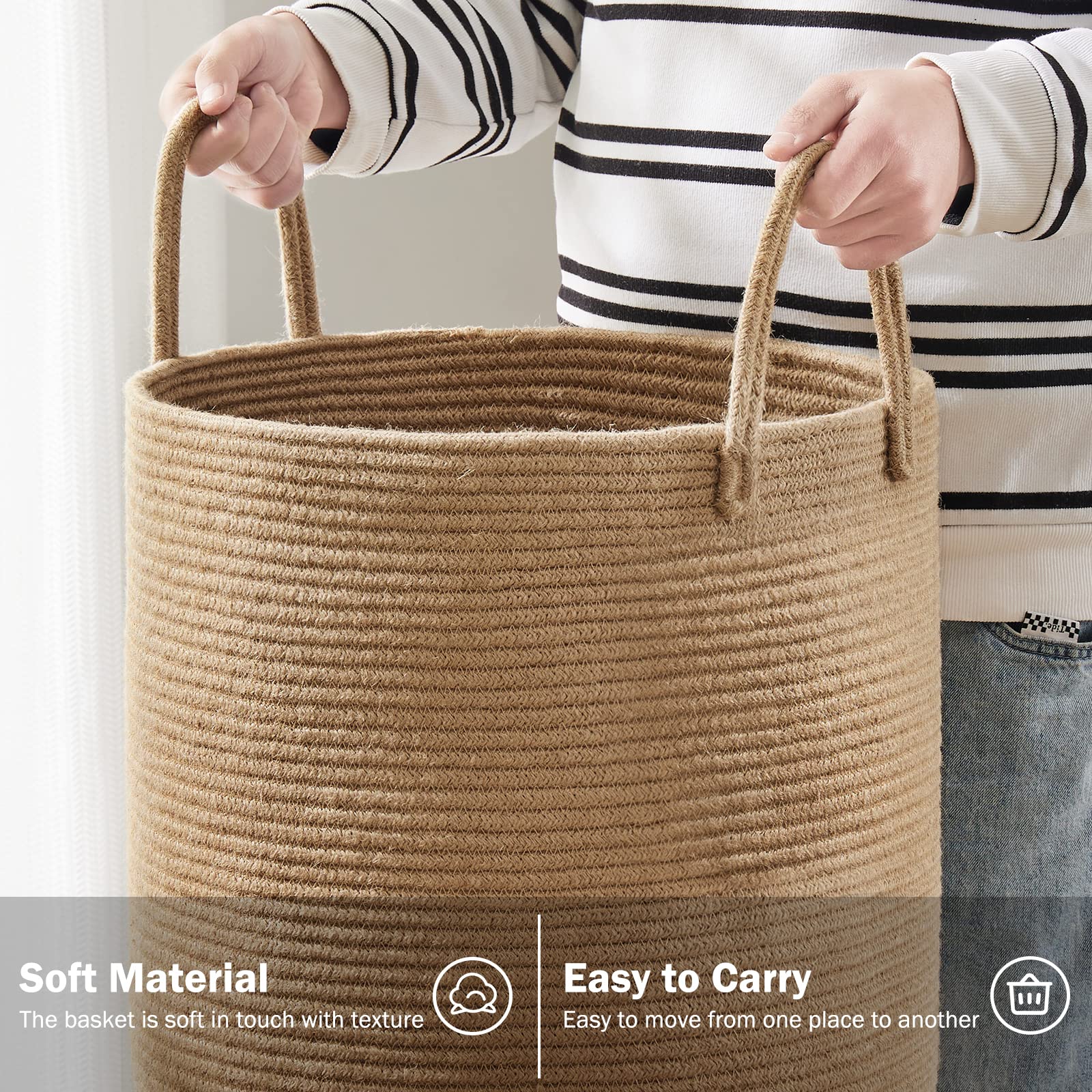 YOUDENOVA jute hamper shows sturdy handles for easy transport of heavy loads