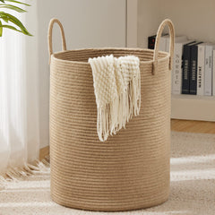 YOUDENOVA jute rope laundry hamper in a bright bedroom, highlighting its 72L capacity for clothes