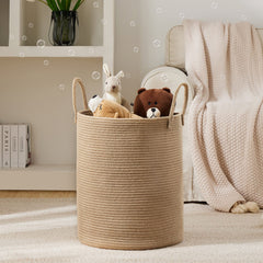 YOUDENOVA jute rope hamper side view highlights tall slim profile for tight spaces