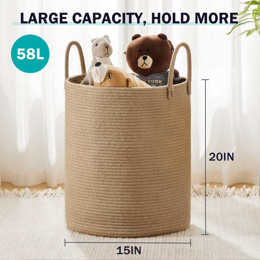YOUDENOVA jute rope laundry hamper towels-stacked demonstrates practical storage solution