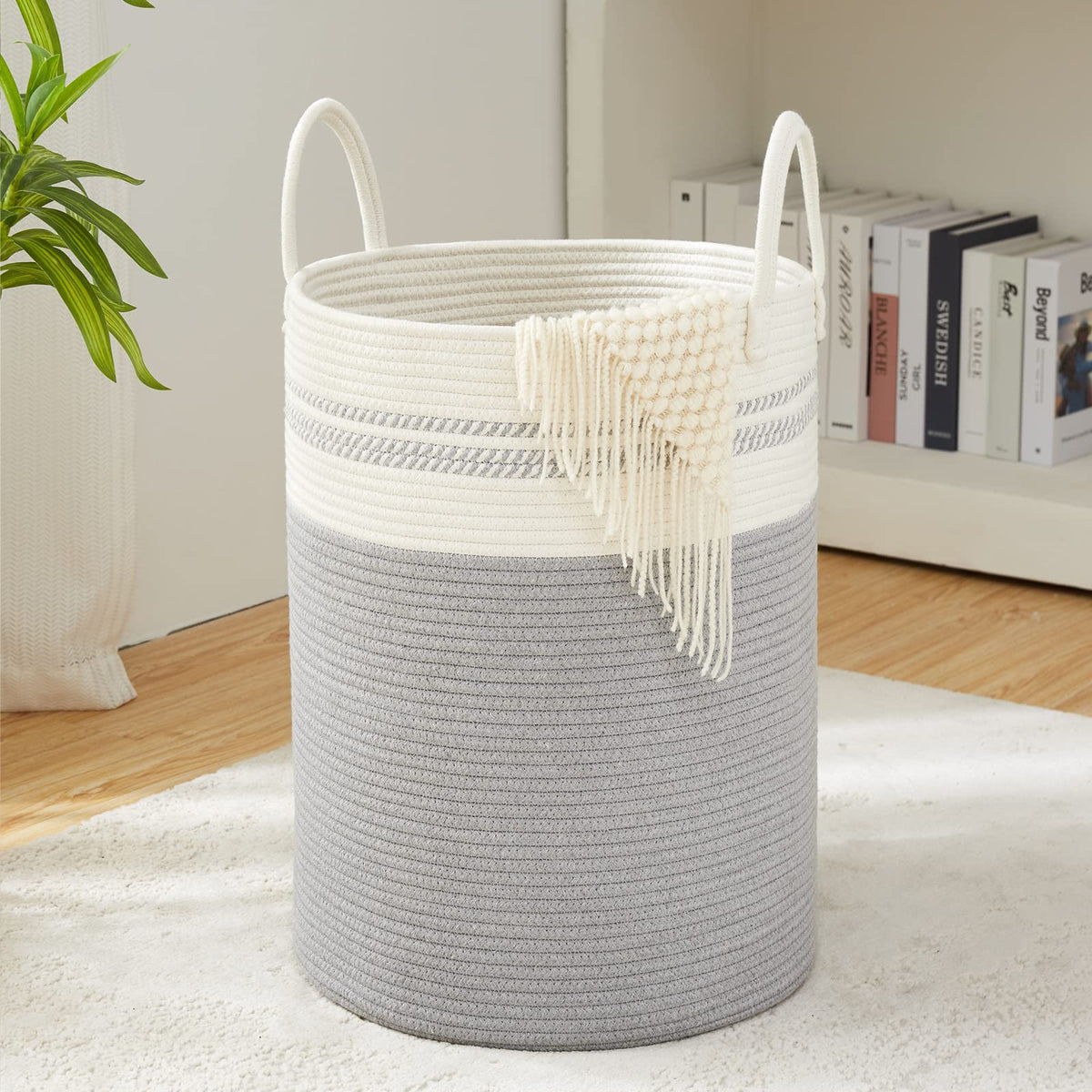 YOUDENOVA grey open-top woven rope laundry hamper for easy clothes storage