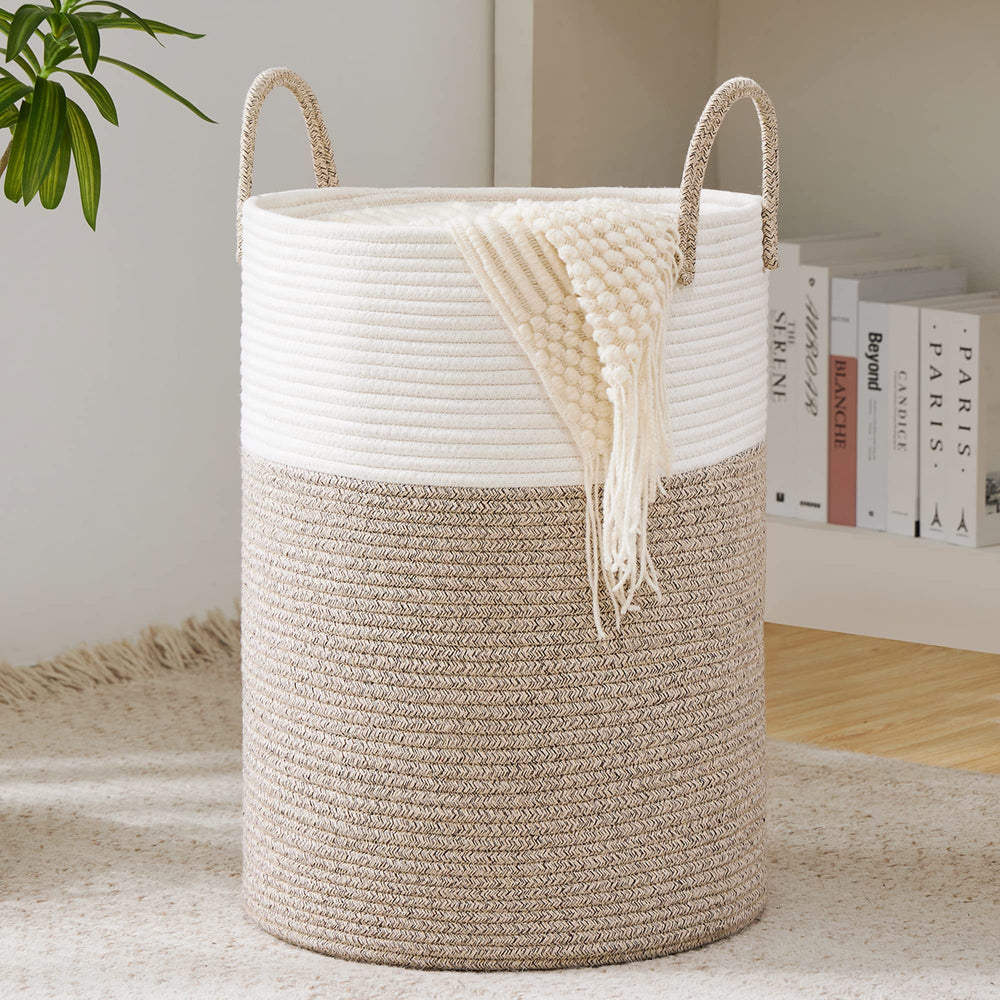YOUDENOVA woven rope laundry hamper, round tall brown basket, keeps blankets and clothes organized.