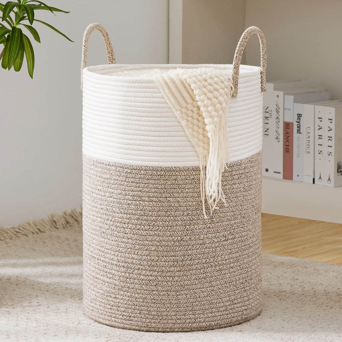 YOUDENOVA woven rope laundry hamper, round tall brown basket, keeps blankets and clothes organized.