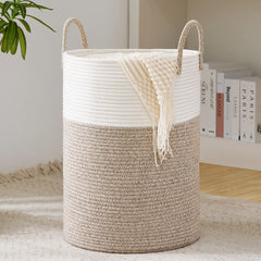 YOUDENOVA woven rope laundry hamper, round tall brown basket, keeps blankets and clothes organized.