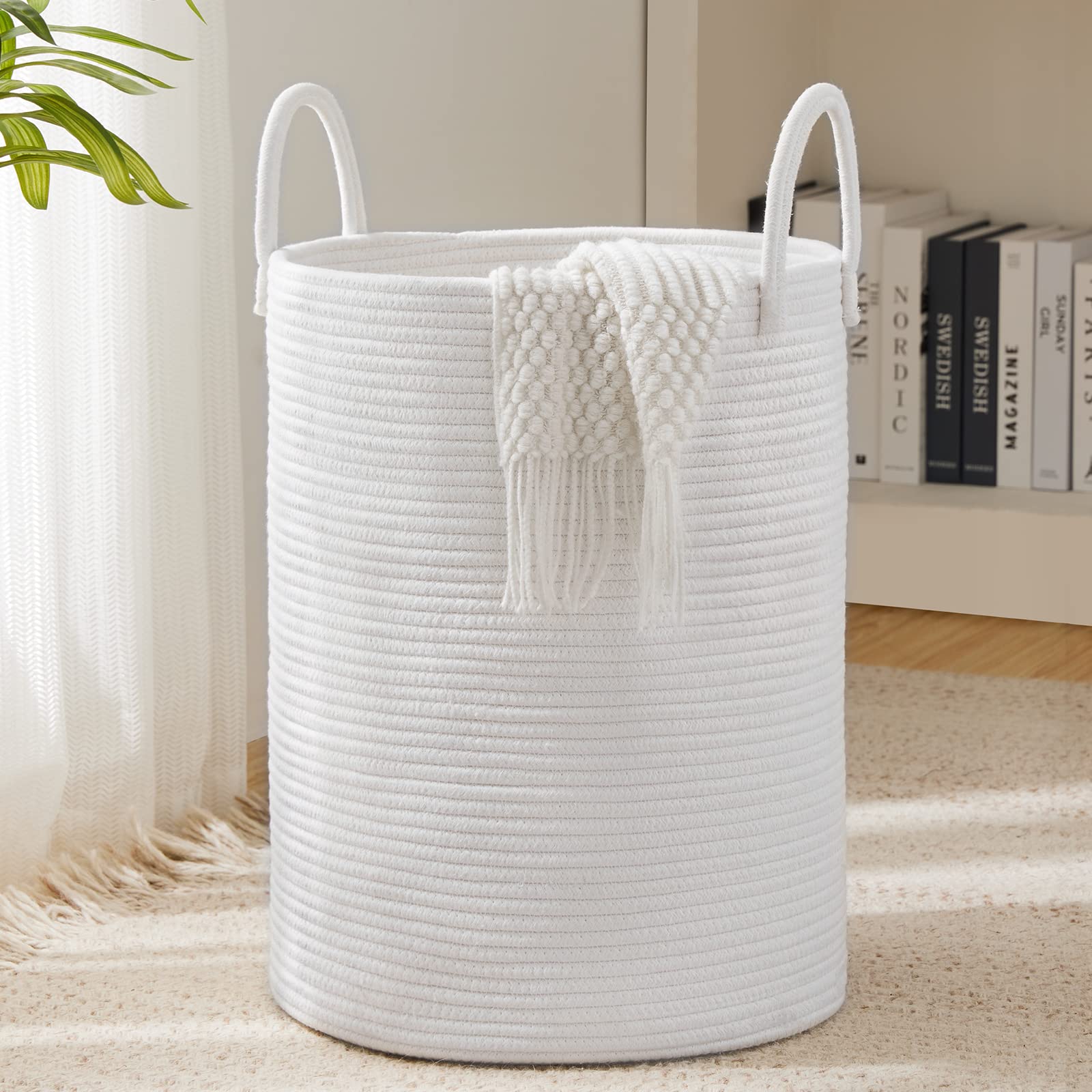 YOUDENOVA Woven Rope Laundry Hamper in pure white offers organized storage.
