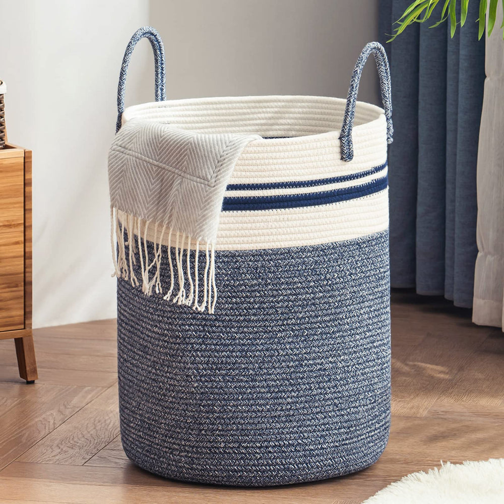 YOUDENOVA woven rope laundry hamper tall blue side view with sturdy handle for easy transport