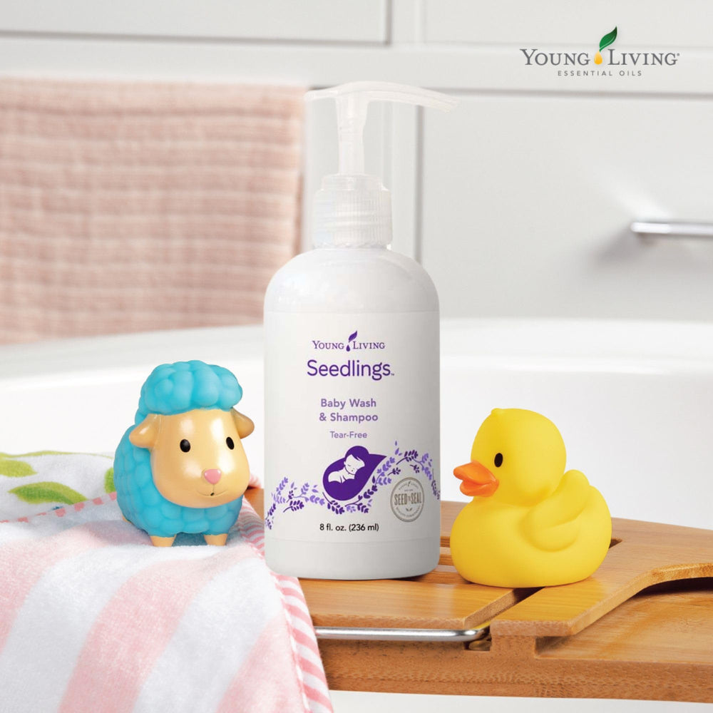 Young Living Seedlings bottle lather demonstrates gentle cleansing for babies.