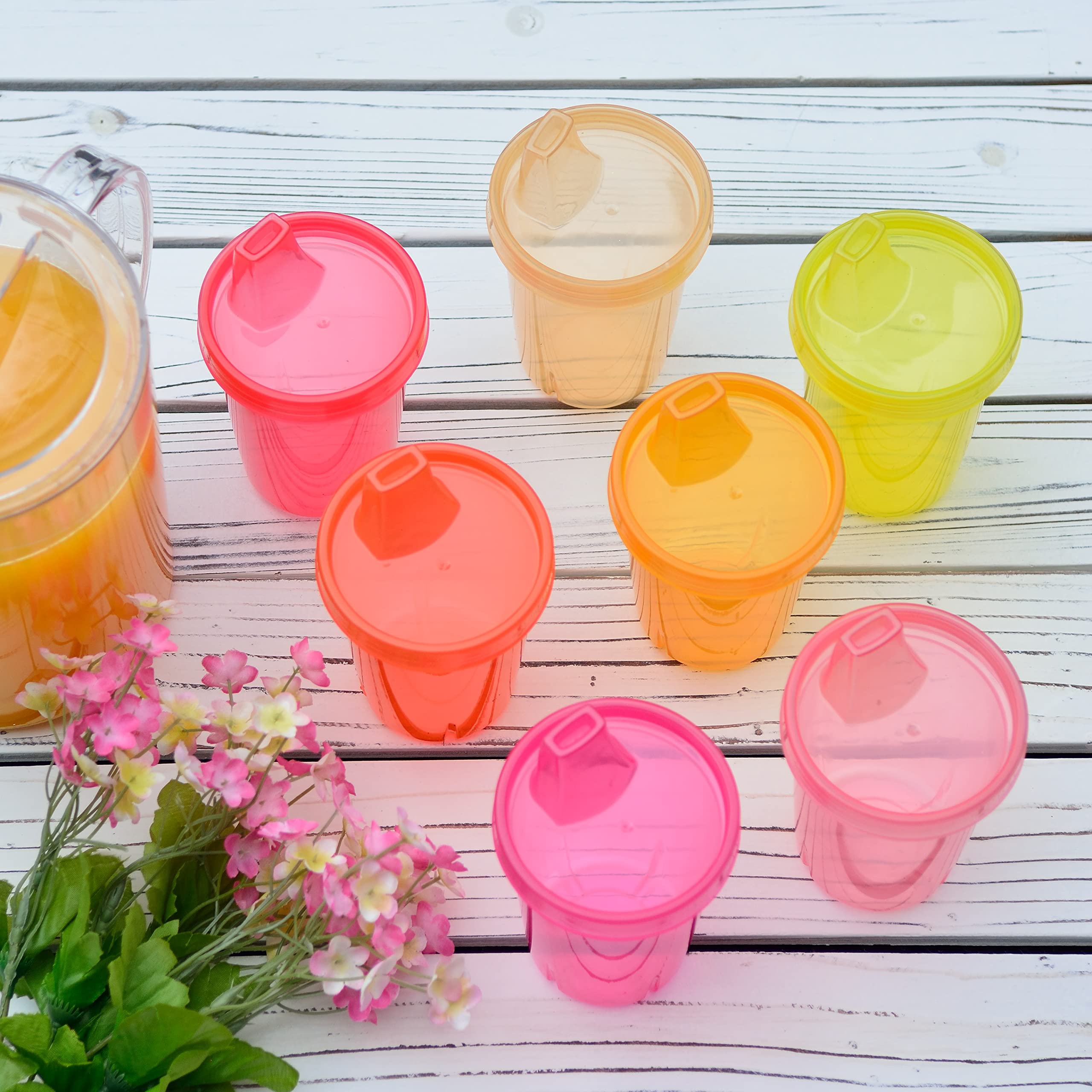 youngever pink sippy cups arranged for daycare or travel use