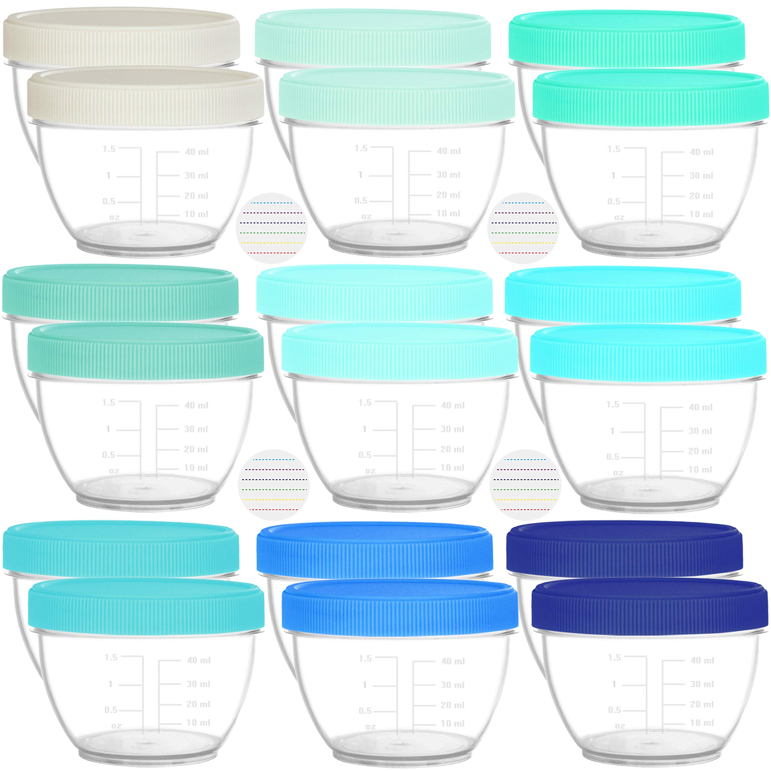 Youngever 2oz baby food containers with colorful lids and labels for easy organization.