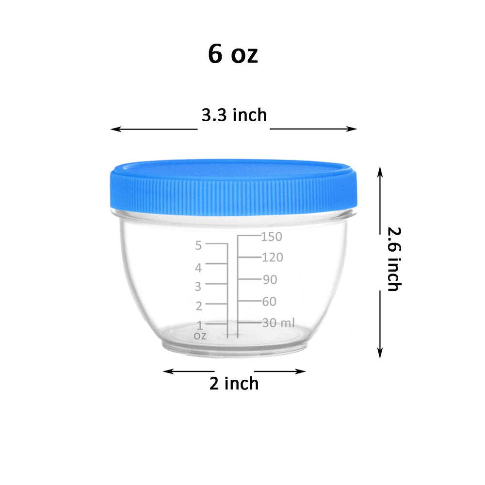 Youngever 6 oz containers with leak-proof lids and colorful coastal lids for organization.