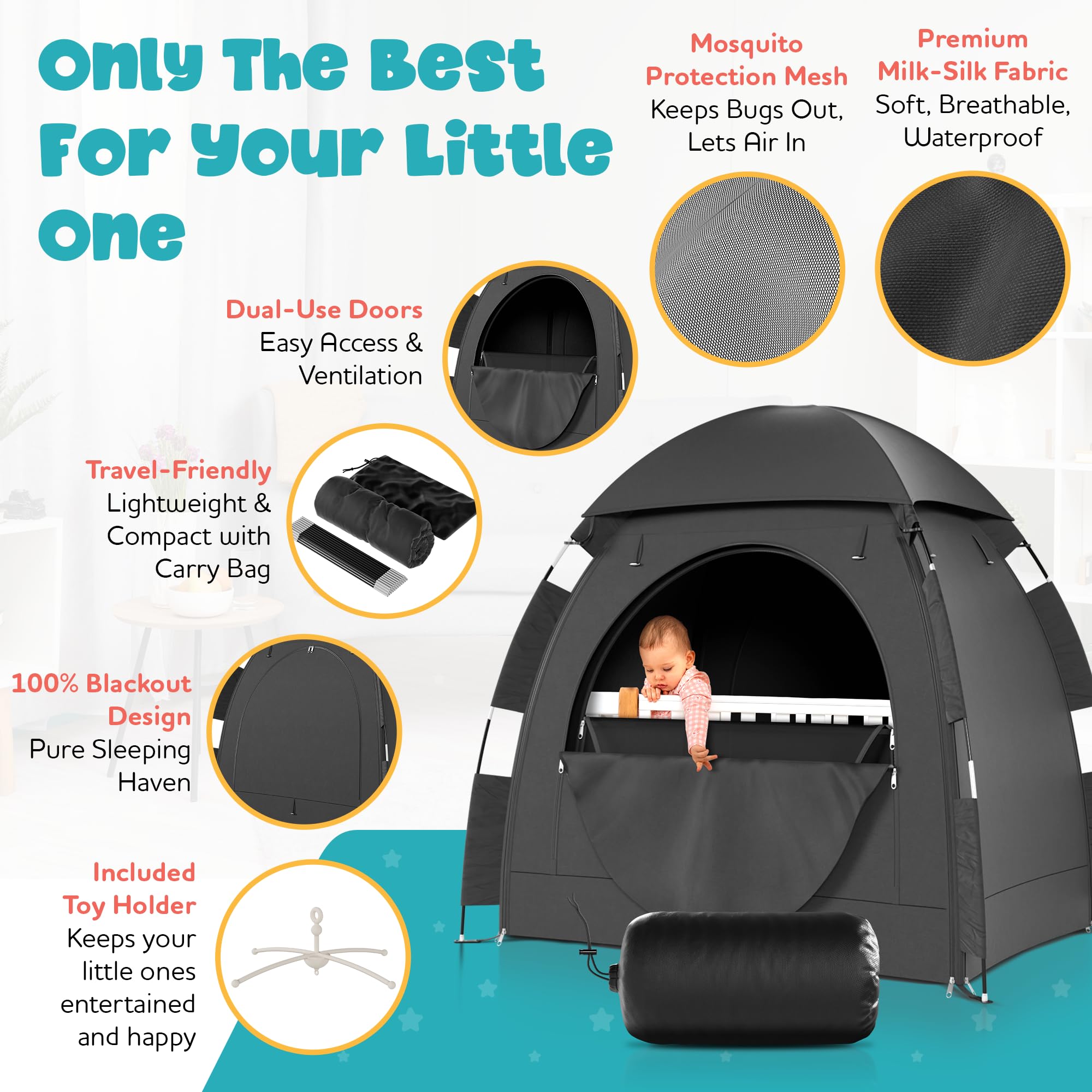 YoungMinds blackout tent waterproof-material delivers dry, private play and nap area.