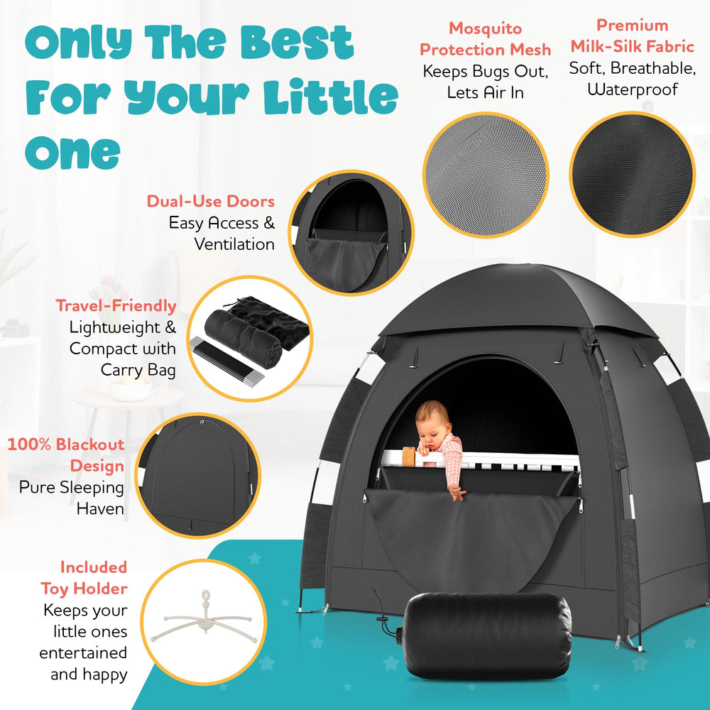 YoungMinds blackout tent waterproof-material delivers dry, private play and nap area.