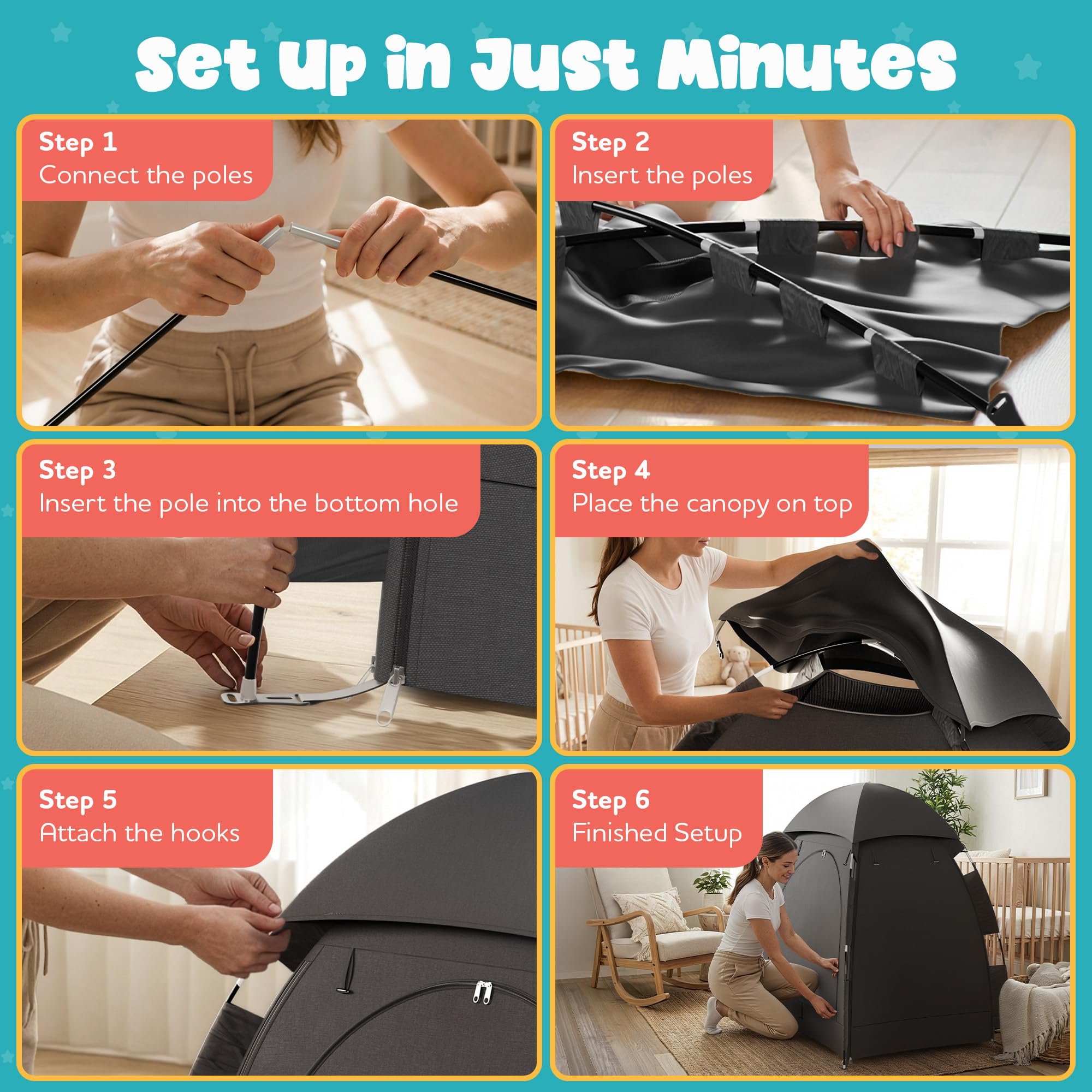 YoungMinds light-blocking-canopy darkens the space for restful naps.