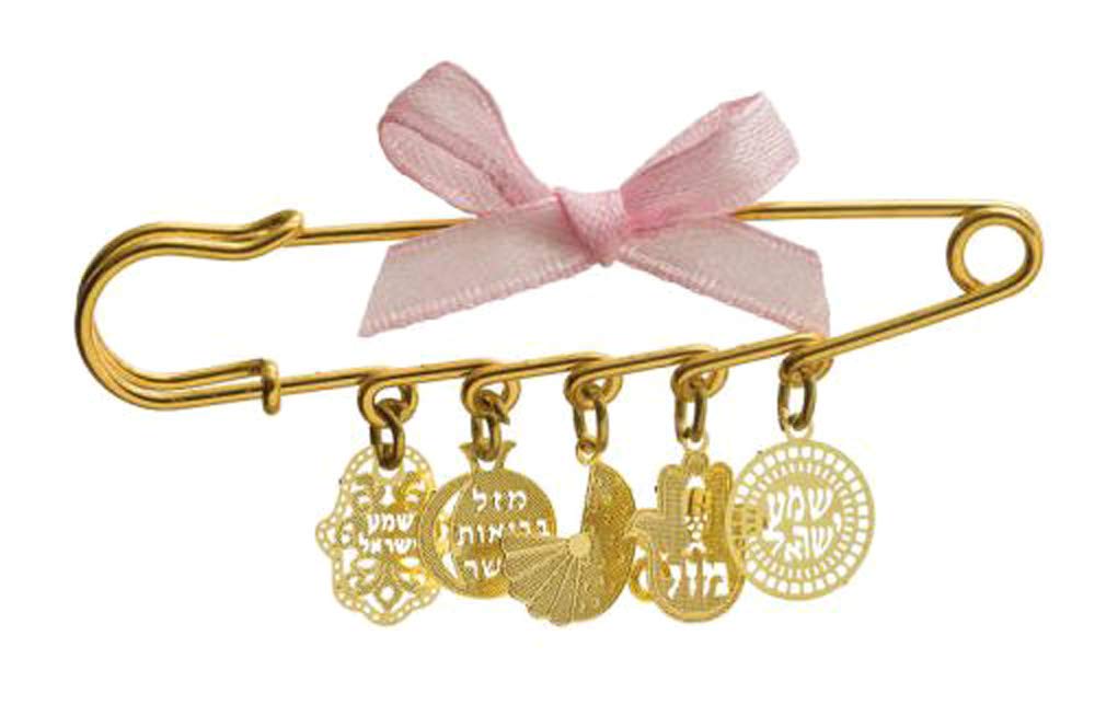 YourHolyLandStore baby girl safety pin with Hamsa and Pomegranate charms for blessings and protection.