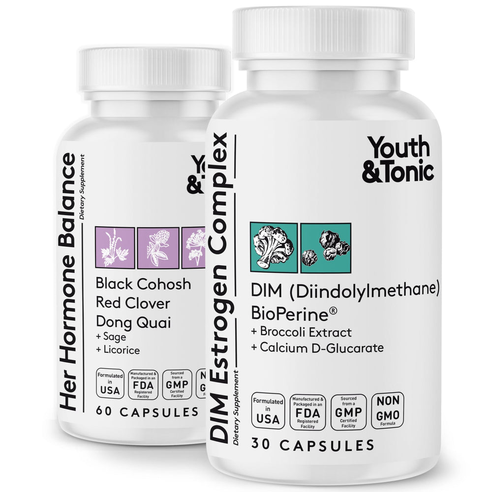 Youth and Tonic DIM supplement bottle with pour for easy daily intake.