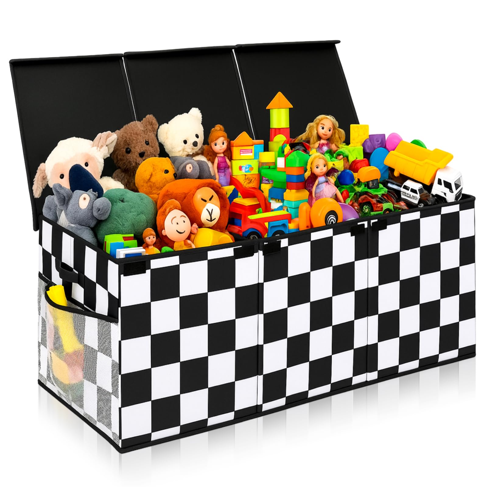 Youyole monster checkered storage box lid open for easy access and tidier shelves.