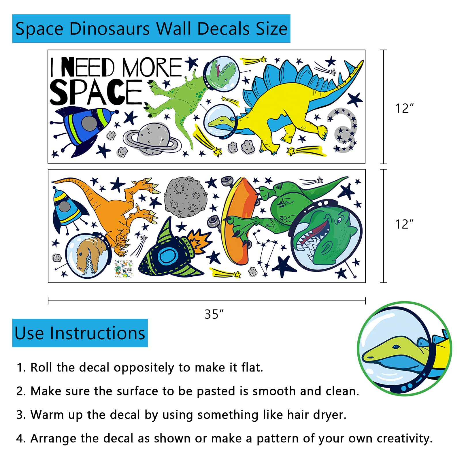 Yovkky astronaut dinosaur sticker encourages imaginative play on any clean surface.