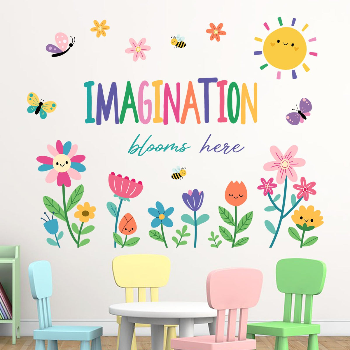 Yovkky Imagination Blooms wall decal with flowers and butterflies enhances kids' room