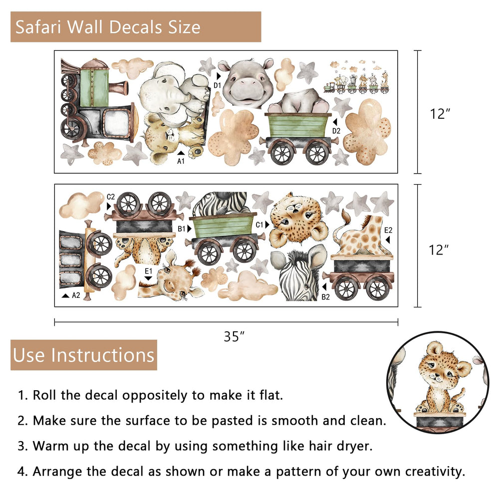 Yovkky safari train decal zebra on train for neutral toddler decor.