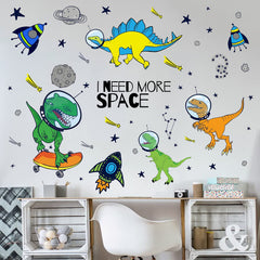 Yovkky space dinosaurs wall decal brightens a child's room with playful space themes.