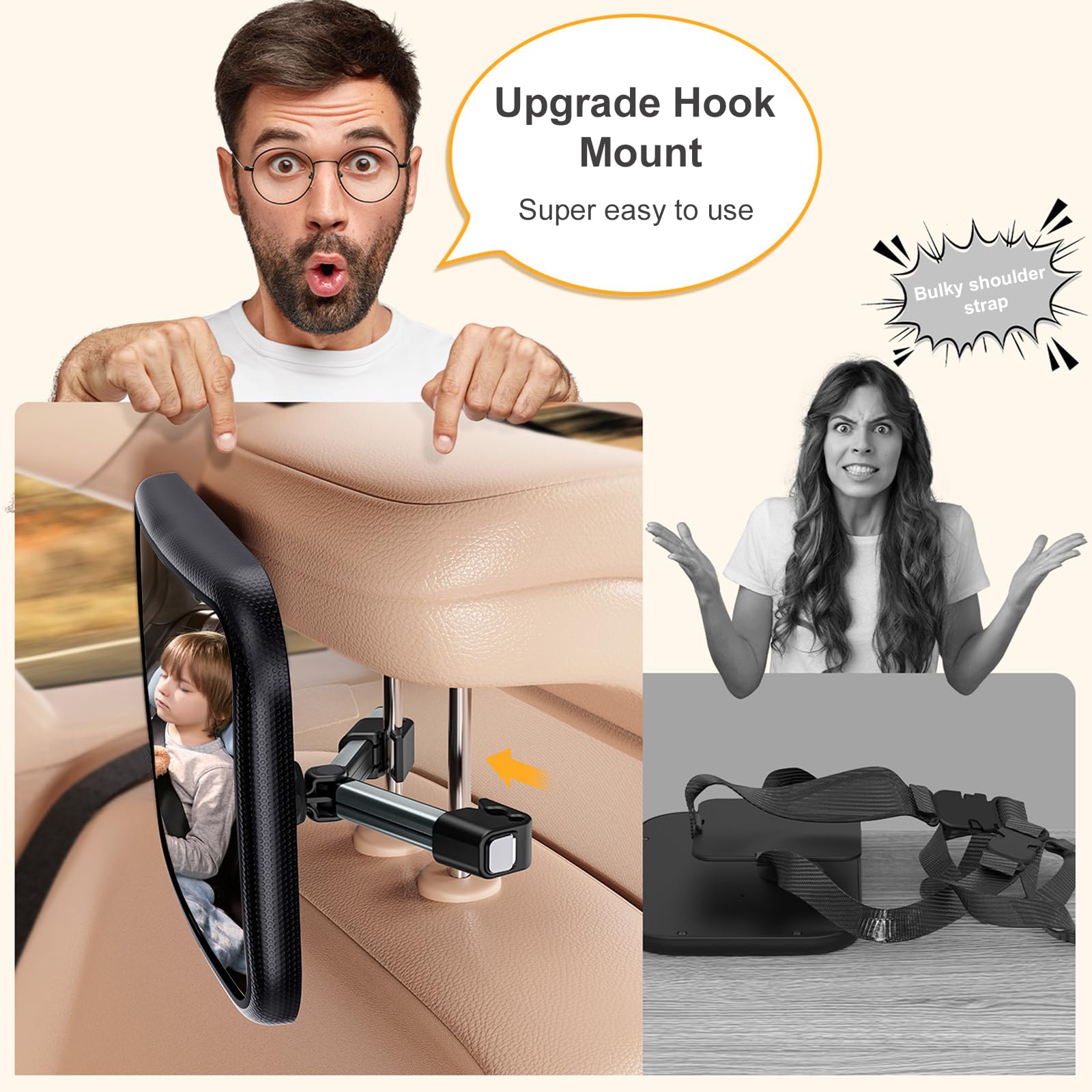 YOVKOK mirror attaches stably to headrests for bumpy rides.