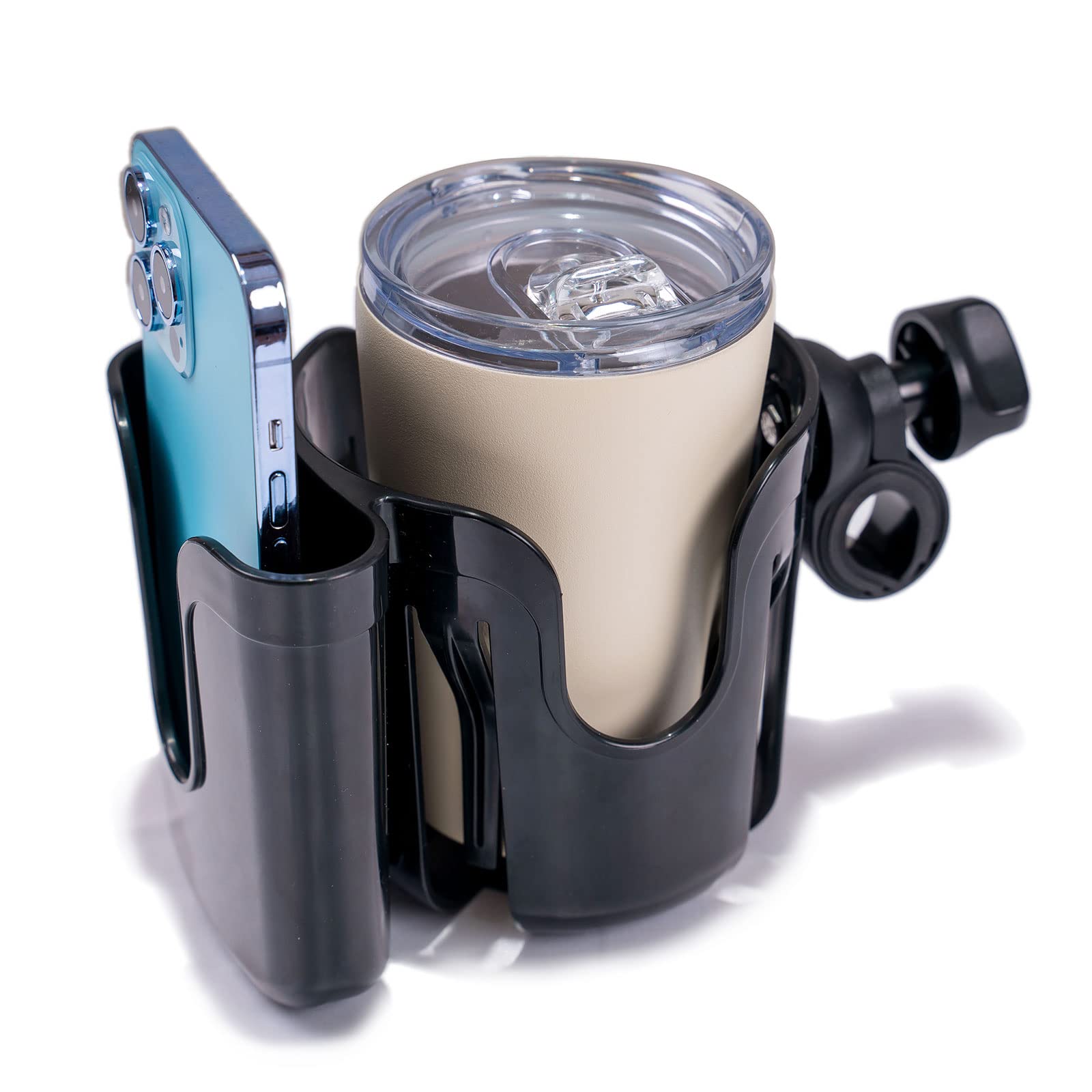 Yoyoapple universal cup holder attachment front view keeps drinks and phone secure