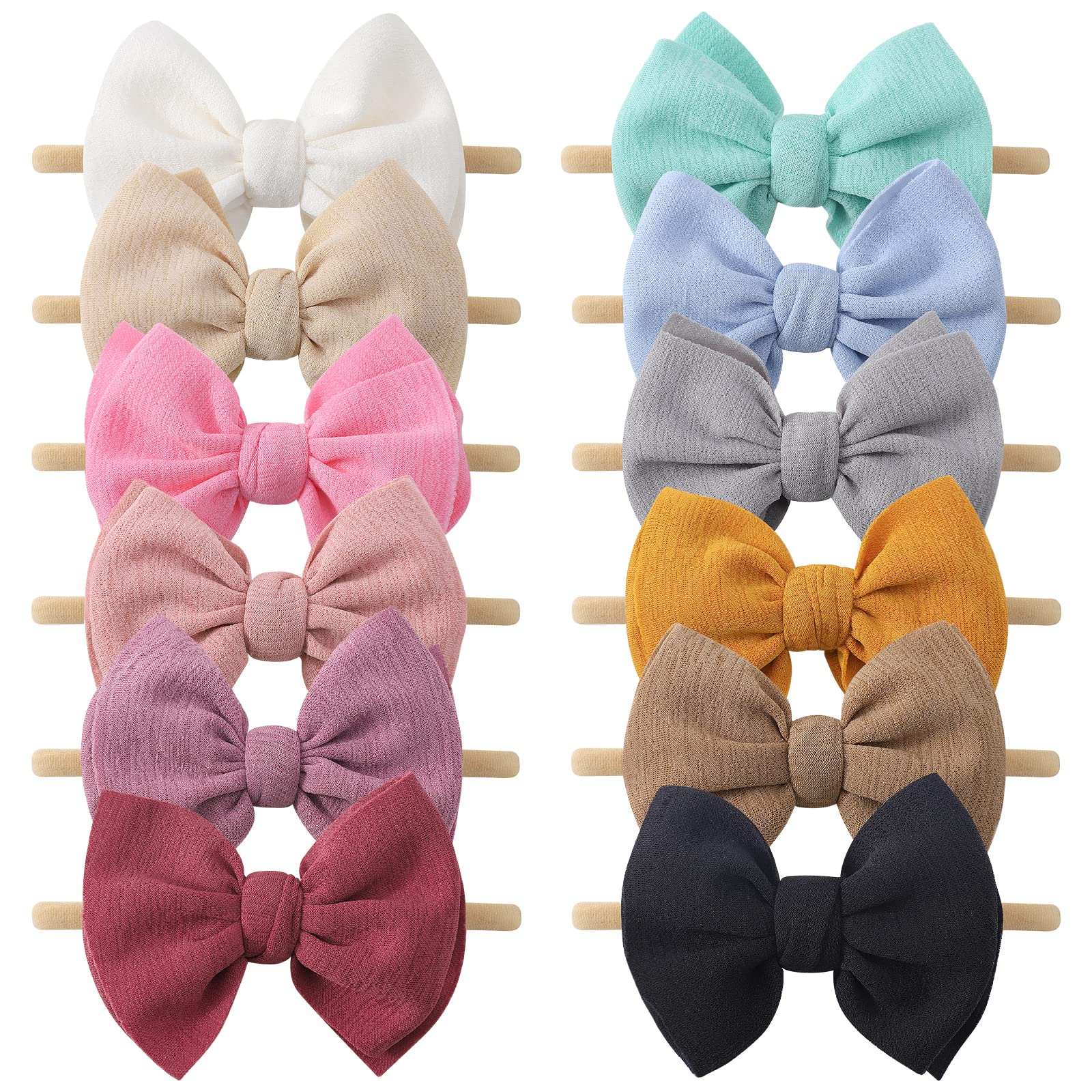 Yoyokid 12-piece bow headbands on a soft nylon band for gentle daily wear.