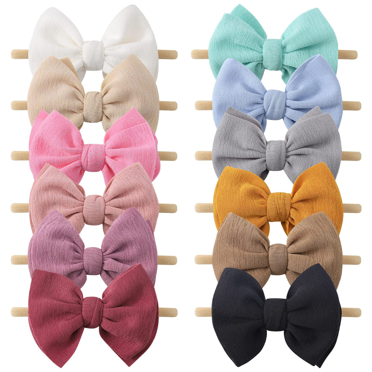 Yoyokid 12-piece bow headbands on a soft nylon band for gentle daily wear.
