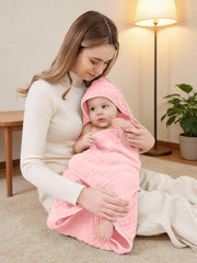YOYOO pink hooded towel hero image, baby-safe, cozy wrap after baths.