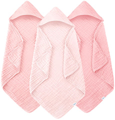 YOYOO muslin hooded baby towel pink close-up showing soft cotton and plush feel.