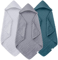 YOYOO muslin hooded towel grey-blue 3-pack, ultra-soft and absorbent after bath.