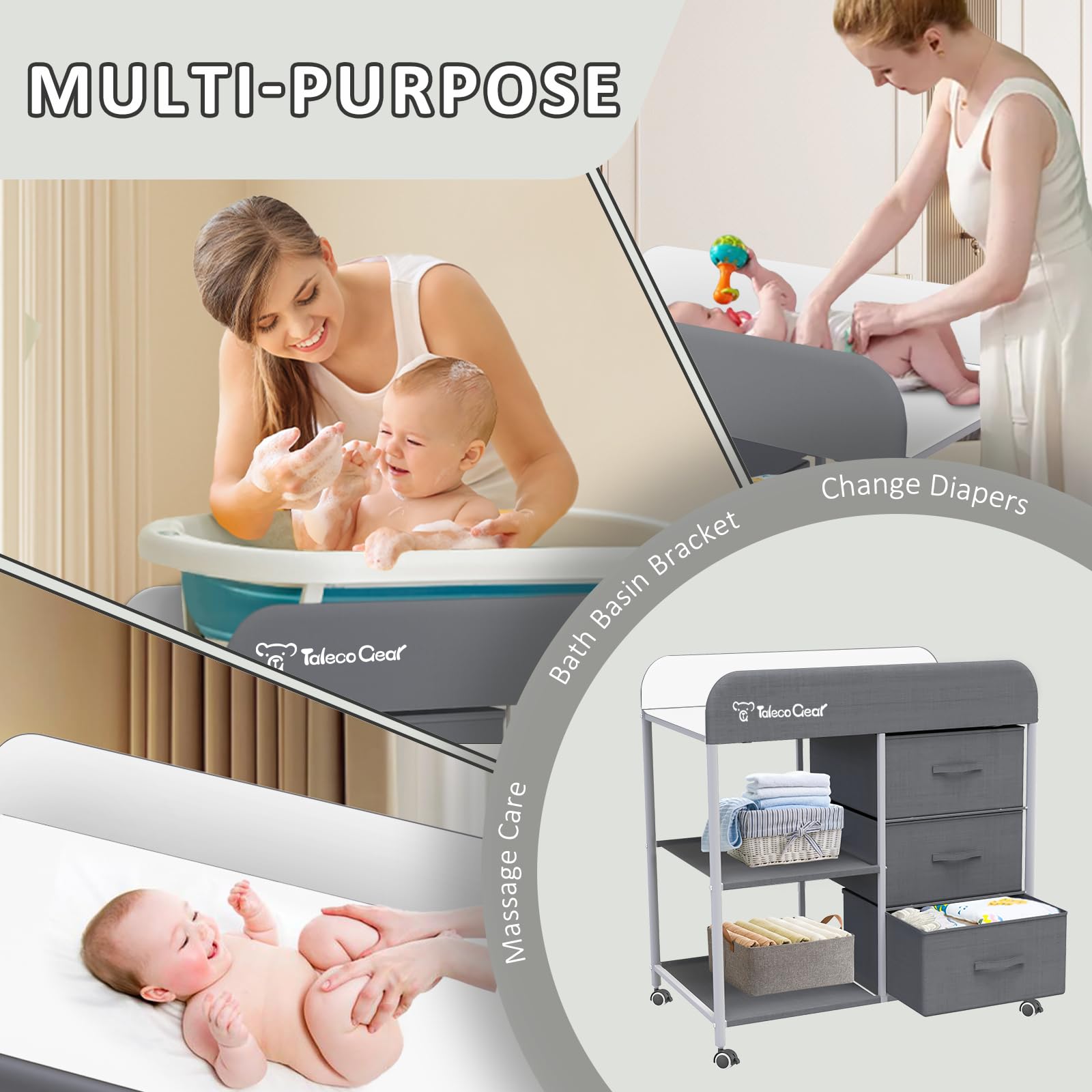 Yozoia changing table dresser featuring three storage baskets and open compartments.