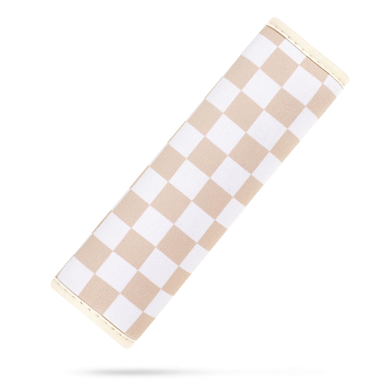 YR seat belt cover for kids in almond-cream checkered pattern, soft neoprene for comfort.