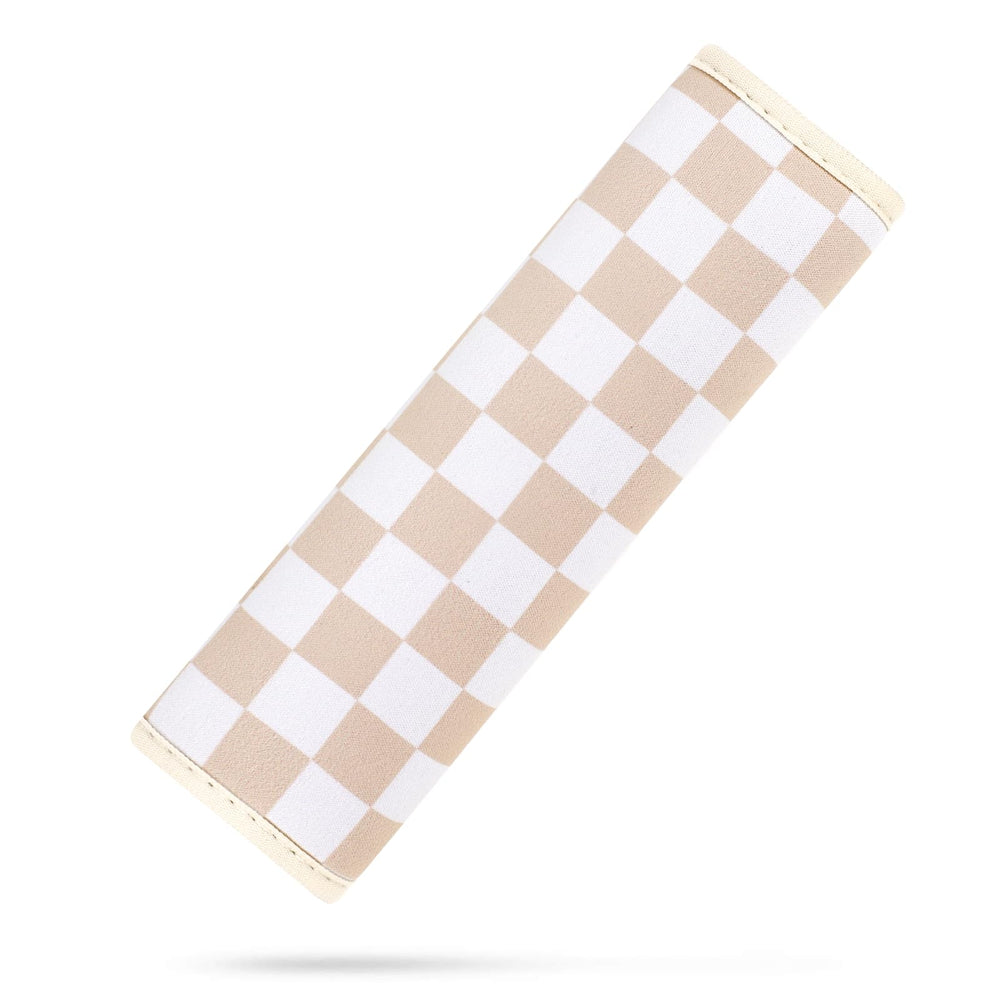 YR seat belt cover for kids in almond-cream checkered pattern, soft neoprene for comfort.