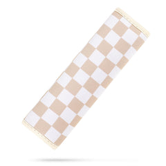 YR seat belt cover for kids in almond-cream checkered pattern, soft neoprene for comfort.