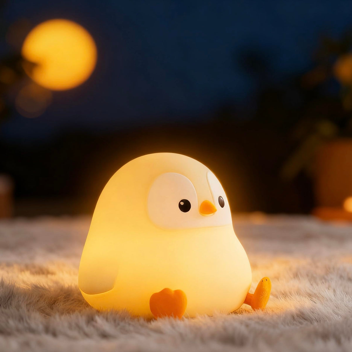 YR YRHH-PET penguin night light on shelf provides soft glow for kids.