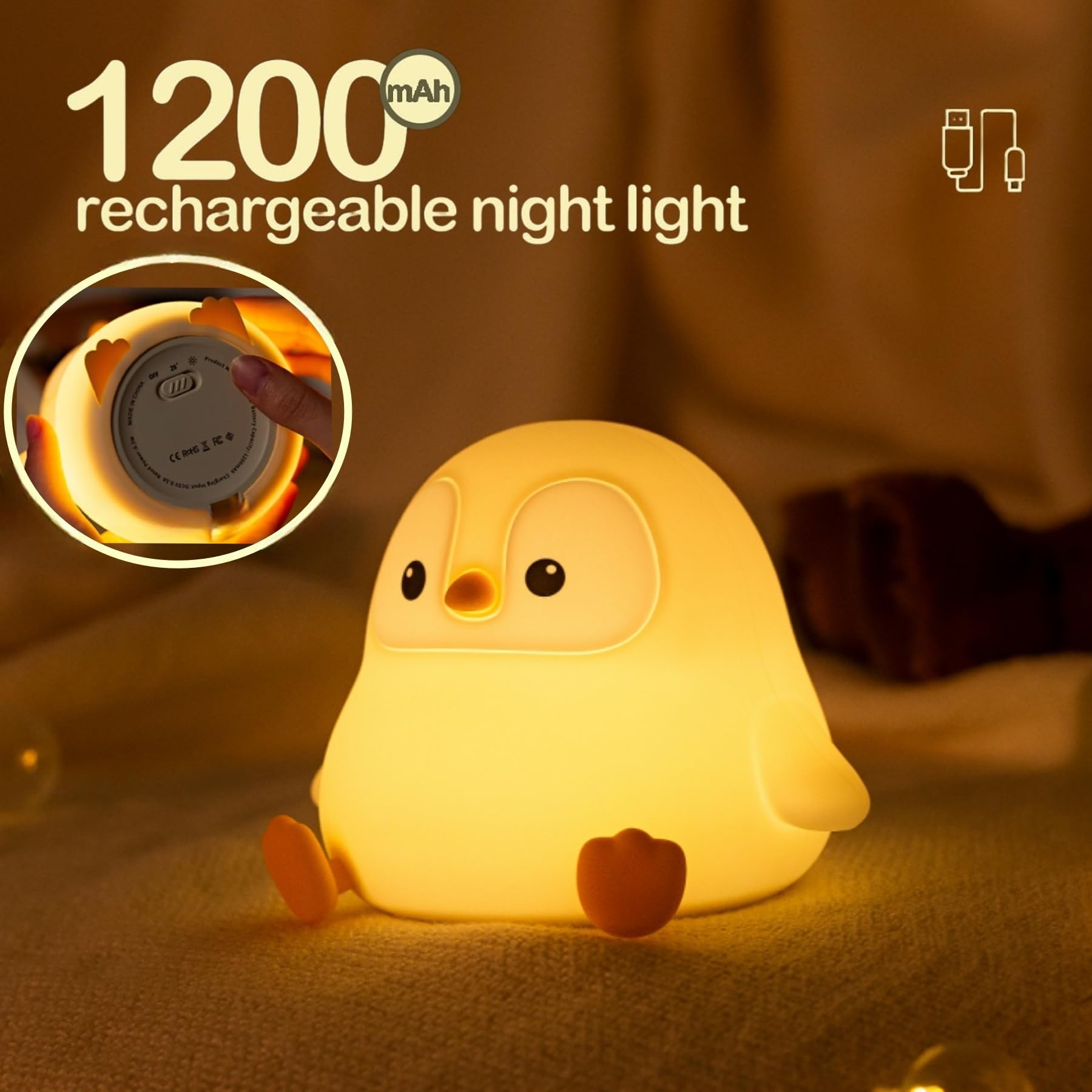 YR YRHH-PET penguin night light uses rechargeable battery for cordless use.